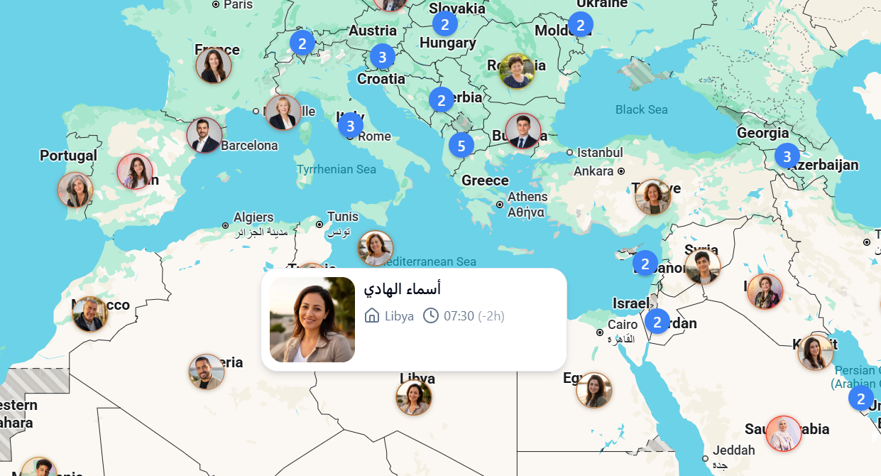 Mapfolks world map with geographically distributed member avatars